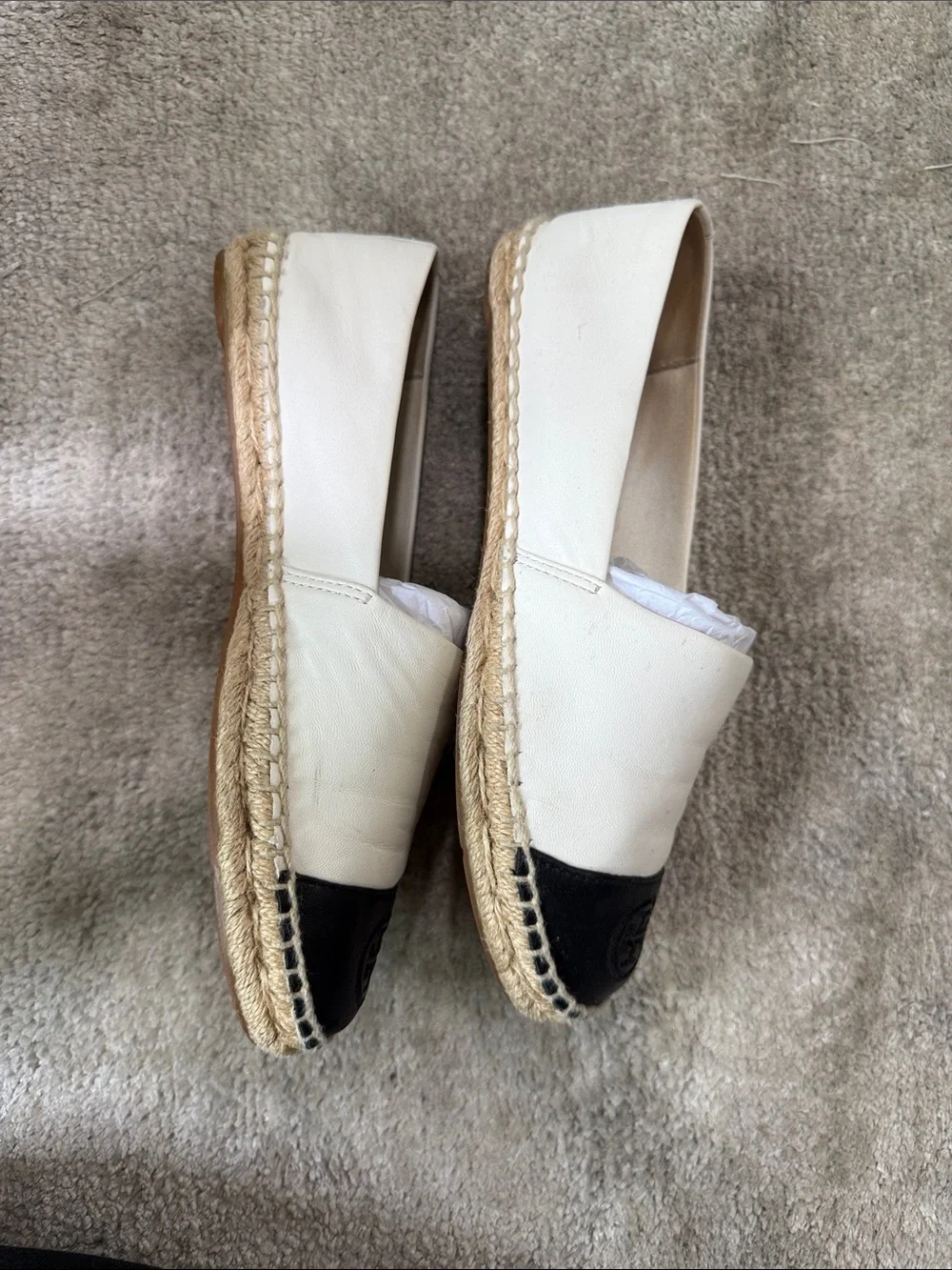 Tory Burch White Leather Espadrille with Black Toe Cap
